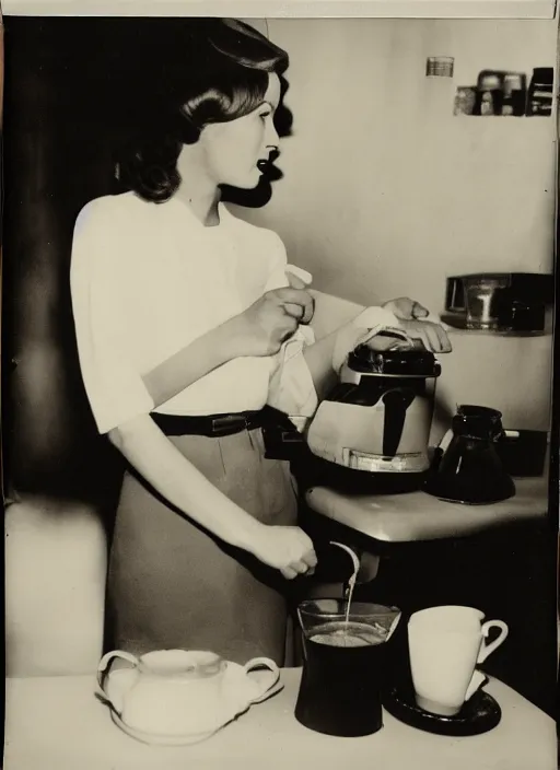 Image similar to a woman making coffee, flash polaroid photo by george hurrell,