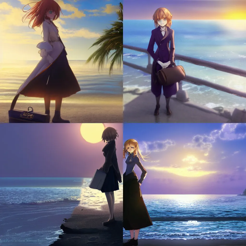 Prompt: high detail digital art of violet evergarden holding her briefcase and standing at the beach looking into the setting sun over the ocean, tranquil, calm, melancholic, trending on artstation