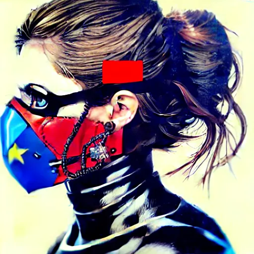 Prompt: a profile photo of a european woman with a diving mask with side profile blood in ocean intricate details by MARVEL comics and Sandra Chevrier-C