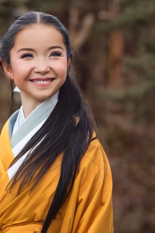 Prompt: full-length photo of real life Katara from Avatar, smiling, looking at camera in snowy winter, wearing kimono