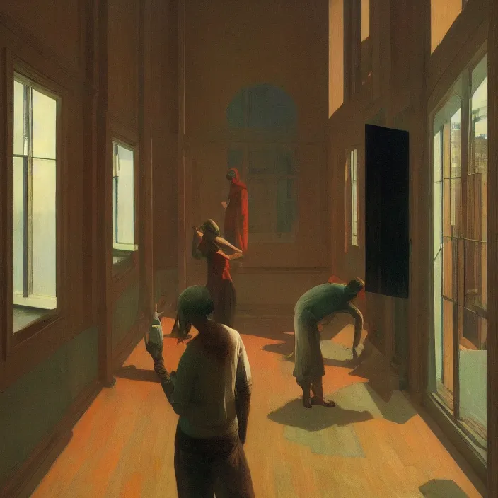 Prompt: wide angle, people inside flooded museum looking through the window Edward Hopper and James Gilleard, Zdzislaw Beksinski, highly detailed