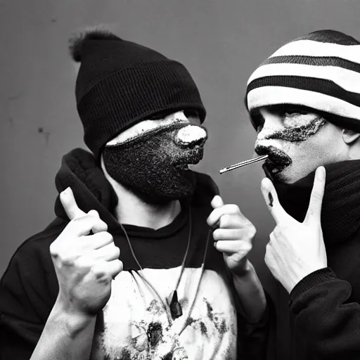 Prompt: two thugs smoking and drinking in the street wearing balaclavas, drum & bass, football hooligans, pressshot, dystopian