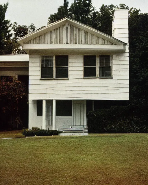 Prompt: the exterior of a house in devonshire that was built in the 1 9 7 0 s, where something sinister is happening, painterly, offset printing technique, photographed on kodachrome by brom, robert henri, walter popp, cinematic lighting, various refining methods, micro macro autofocus, ultra definition, award winning photo