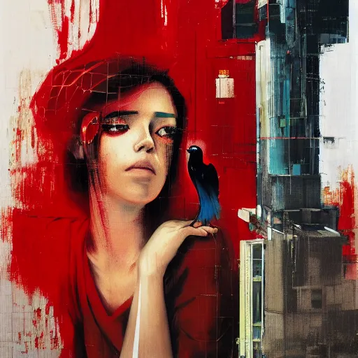 Image similar to portrait of a daydreaming melancholic latina woman in red habit being progressively rasterized into virtual pixels, she is surrounded by digital birds and a giant loving neon mecha robot is beside her, oil on canvas by yoji shinkawa, esao andrews, dave mckean and stina persson