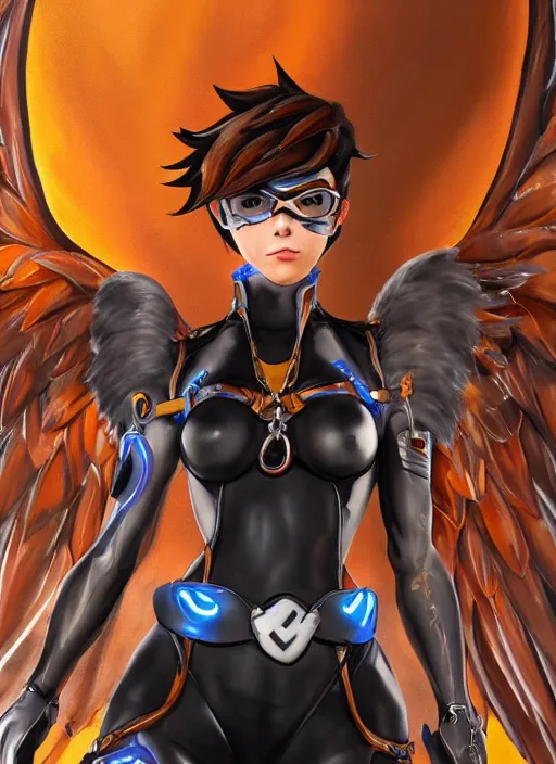 Image similar to full body oil painting of tracer overwatch, angel wings, dramatic painting, symmetrical composition, wearing detailed leather choker, black shiny armor, chains, detailed face and eyes,