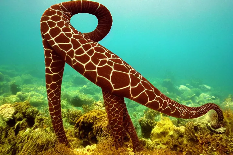 Prompt: underwater photo tentacle shaped legs jiraffe by national geographic