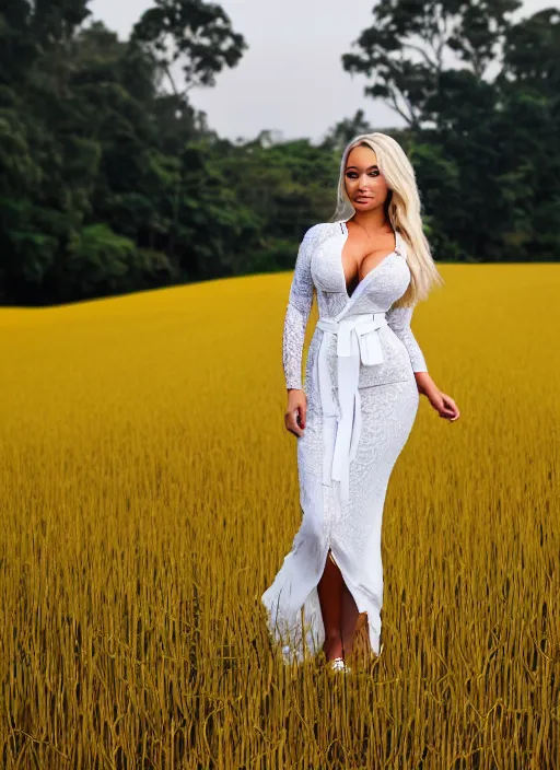 Image similar to portrait of lindsey pelas wearing white kebaya and yellow silk belt in a paddy field, by charlotte grimm, natural light, detailed face, beautiful features, symmetrical, canon eos c 3 0 0, ƒ 1. 8, 3 5 mm, 8 k, medium - format print, half body shot