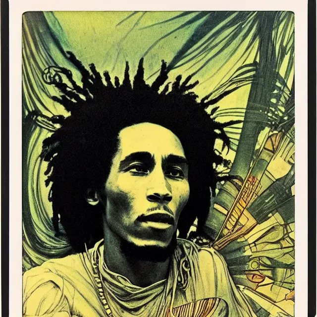 Image similar to polaroid of a vintage record cover by Franklin Booth showing a portrait of Bob Marley as a futuristic space shaman, Alphonse Mucha background, psychedelic art, Reggae, Jamaica, star map, smoke, sciFi