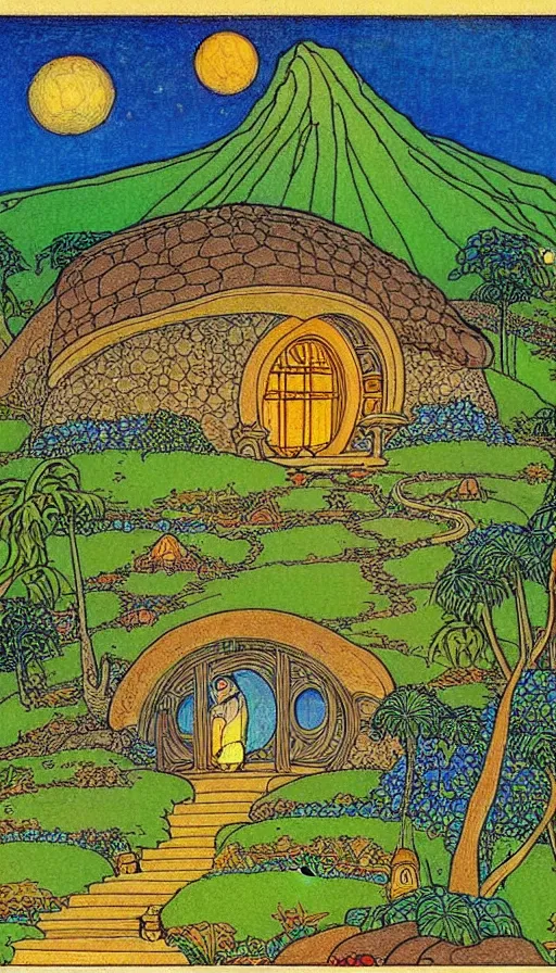 Prompt: hobbit monastery on hawaii, by Ivan Bilibin,