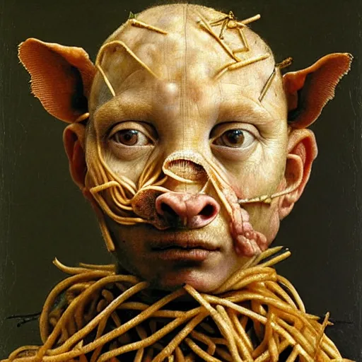 Image similar to half boy half rhino made of spaghetti, by giuseppe arcimboldo and ambrosius benson, renaissance, intricate and wet oil paint, a touch of beksinski, realistic, zoomed out, full figure