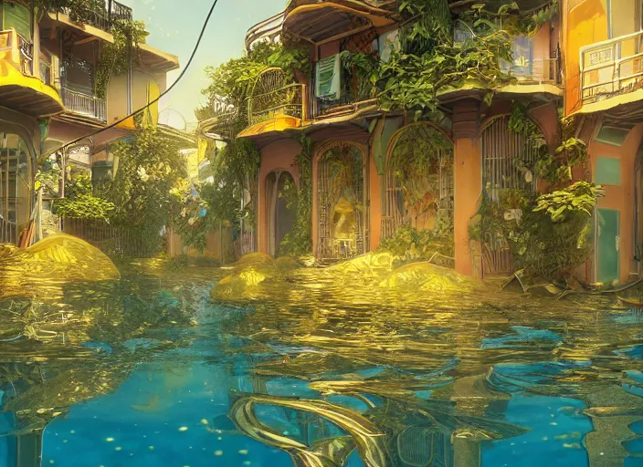 Image similar to foliage in art nouveau favela, underwater environment, scenery, professional, award - winning, trending on artstation, hyper detailed, realistic, beautiful, emotional, shiny, golden, picture