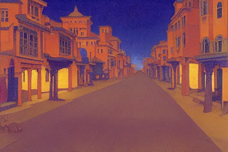 Prompt: tree-lined street at midnight in a very old very beautiful city by Nicholas Roerich and Rudolf Ernst, colorful tiled architecture, strong dramatic cinematic lighting, lost civilizations, smooth, sharp focus, extremely detailed