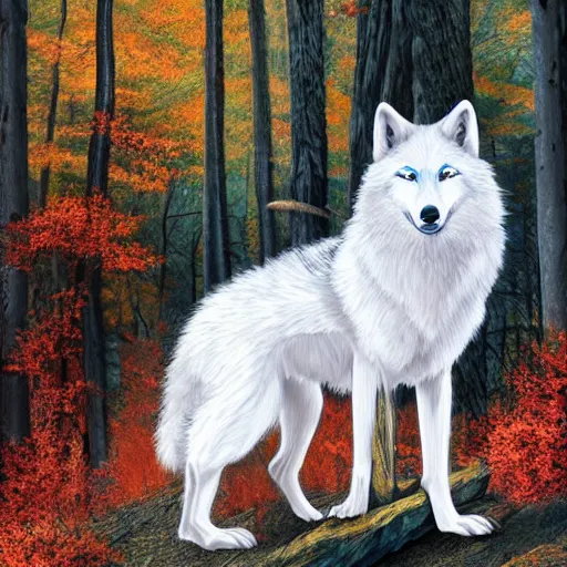 Prompt: white wolf with blue eyes, in the autumn forest, realistic, 8 к, fullbody photo