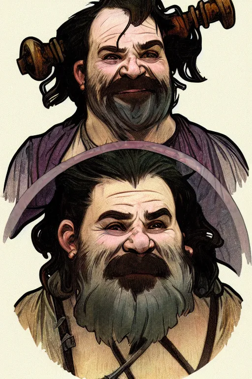 Prompt: head and shoulders portrait of a dwarf adventurer, jovial, scarred lip, grandfatherly, leather armor, male, tavern background, high fantasy, d & d, by alphonse mucha, face details, extremely detailed, digital illustration
