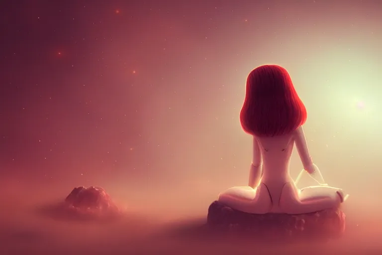 Prompt: a cute robot girl sitting on a cloud relaxing, misty, digital art, hazy, foggy, red lighting, ambient lighting, 8 k,