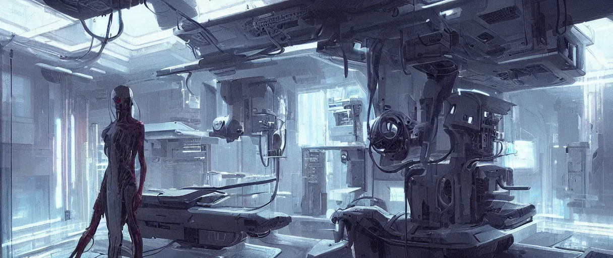 Image similar to neon surgery scanning machine cyberpunk futuristic, in a white room, art by giger, greg rutkowski