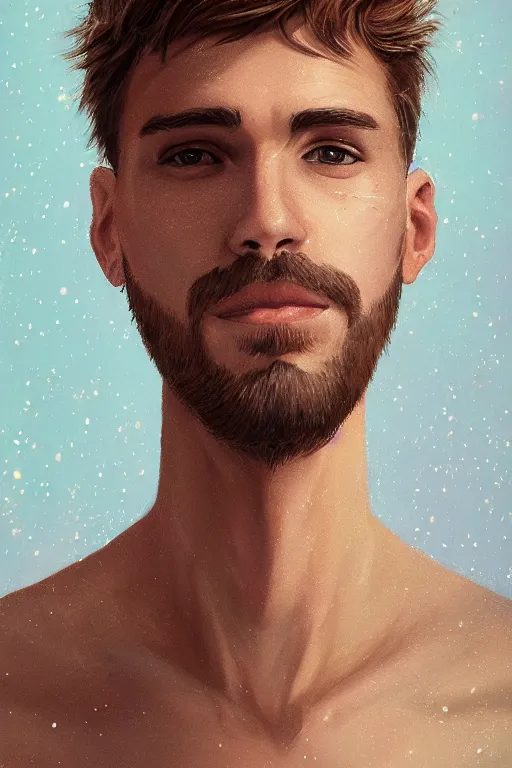 Image similar to portrait of a handsome man with light brown hair with sparkling hazel eyes, art by Christopher Doyle, stylized, detailed, pastel colors, warm tones, Trending on artstation, artstationHD, artstationHQ, 4k, 8k