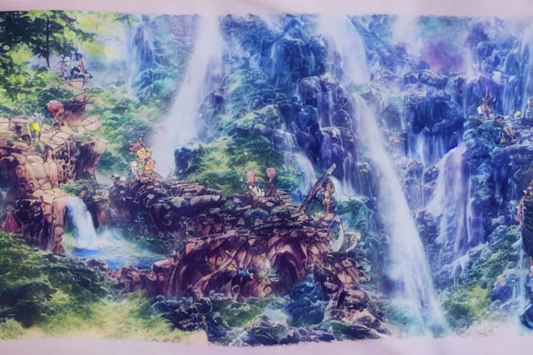 Image similar to A Final Fantasy waterfall landscape with a group of fantasy heroes by Yoshitaka Amano and Shigenori Soejima, concept art, crayons and watercolor sketch