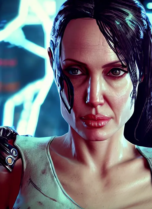 Image similar to film still of Angelina Jolie as Alt Cunningham in Cyberpunk 2077, gameplay, 8k, HD