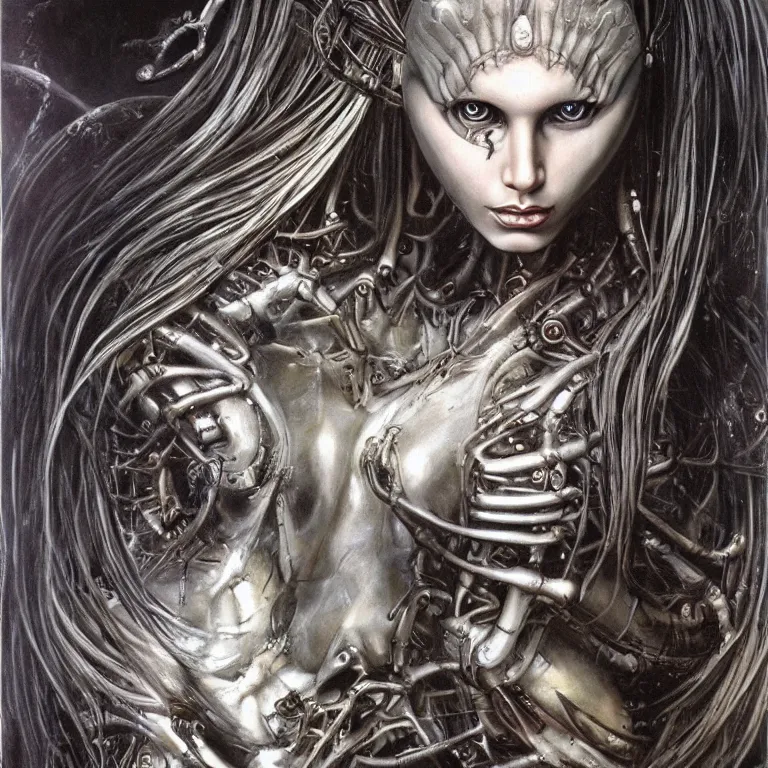 Image similar to beautiful biomechanical moon goddess, flowing hair, intense stare, sweet smile, concept art, realistic oil painting by h. r giger,