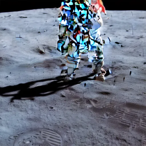 Image similar to penguin wearing spacesuit helmet, standing next to the Apollo lunar lander module, on the lunar surface. Octane render, 8k, 35mm film
