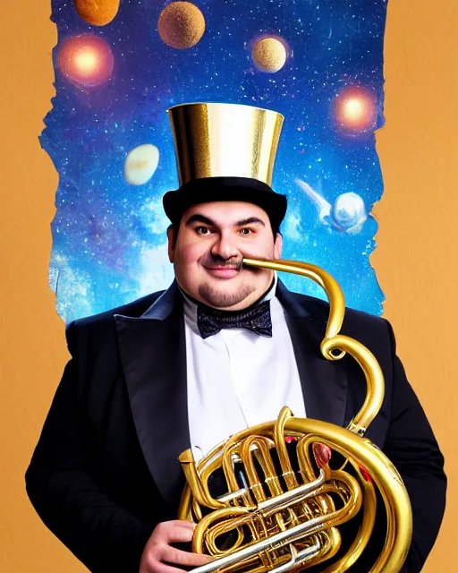 Image similar to photorealistic studio portrait of ian karmel playing a french horn, wearing a top hat, with a space background