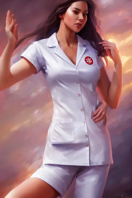 Prompt: full body photo of a gorgeous young woman wearing a nurse outfit in the style of stefan kostic, realistic, sharp focus, 8k high definition, insanely detailed, intricate, elegant, art by stanley lau and artgerm