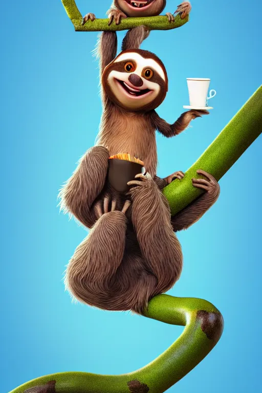 Image similar to a happy sloth climbing a tree with a cup of coffee. Pixar Disney 4K 3d render funny animation movie Oscar winning trending on ArtStation and Behance. Ratatouille style.