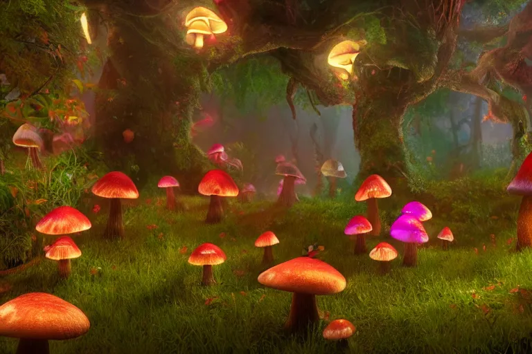 Image similar to An enchanted fantasy forest. Glowing mushrooms. Critters all around. Colorful. Cinematic lighting. Photorealism.