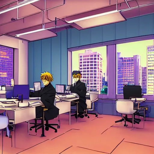 Image similar to wallstreet office with brokers running between the bloomberg terminals, visual novel cg, commodore 6 4, 8 0 s anime vibe, vaporwave nostalgia, tsukihime, muv - luv, baldr sky, kimagure orange road, maison ikkoku, city hunter, great teacher onizuka