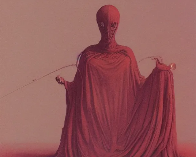 Image similar to lamprey by francis bacon, beksinski, mystical redscale photography evocative. devotion to the scarlet woman in her cathedral, priestess in a conical hat, coronation, ritual, sacrament