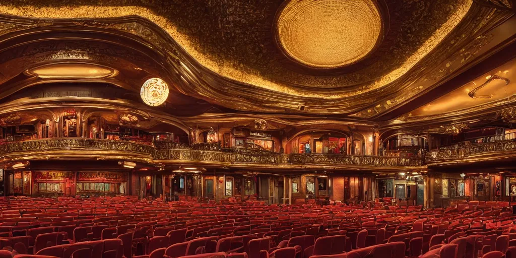 Image similar to realistic interior photo of pathe tuschinski amsterdam, 8 k, hyper realistic, very detailed,