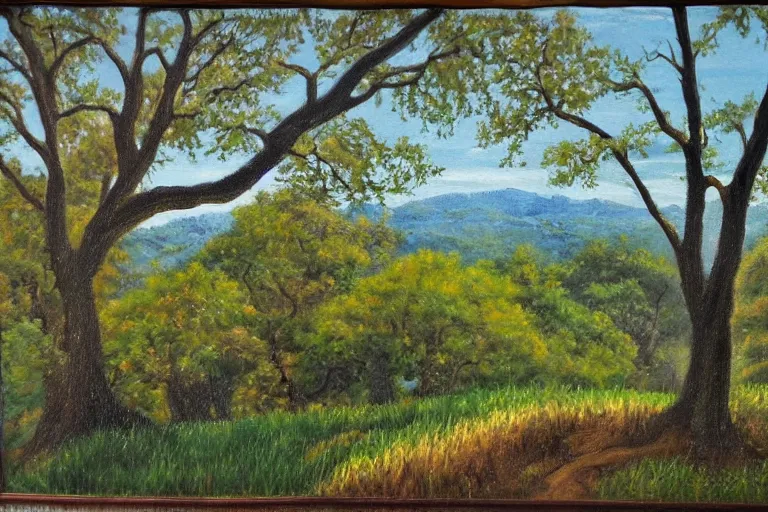 Image similar to masterpiece painting of oak trees on a hillside overlooking a creek, dramatic lighting, by nora collyer