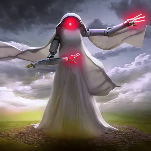 Prompt: a robotic - looking woman in white robes with one angry red eye floating over a pale green landscape, large wings, surrounded in clouds and light, digital art