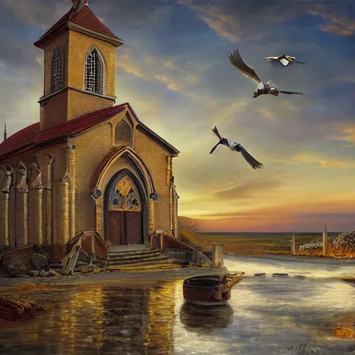 Prompt: a church with wings, flapping its wings flying in sunset sky, oil on canvas, portrait, intricate, 8k highly professionally detailed, HDR, CGsociety