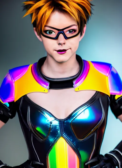 Image similar to hyperrealistic style portrait of tracer overwatch, confident pose, wearing black iridescent rainbow latex, rainbow, neon, 4 k, expressive happy smug expression, makeup, in style of mark arian, wearing detailed black leather collar, wearing sleek armor, black leather harness, expressive detailed face and eyes,