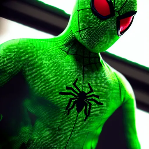 Image similar to green spider - man suit with black web lining, cinematic, volumetric lighting, realistic, hyperdetailed, photorealistic, photograph