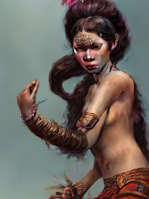 Image similar to beautiful portrait of a Subtropics minority female wearing fantastic costume,ivoy skin,long pigtail,intricate, elegant, highly detailed, dim volumetric lighting, 8k,octane,post-processing,digital painting, trending on artstation, concept art, smooth, sharp focus, illustration,by Tom Bagshaw and Daniel Gerhartz and Albert Aublet and Lawrence Alma-Tadema and alphonse mucha