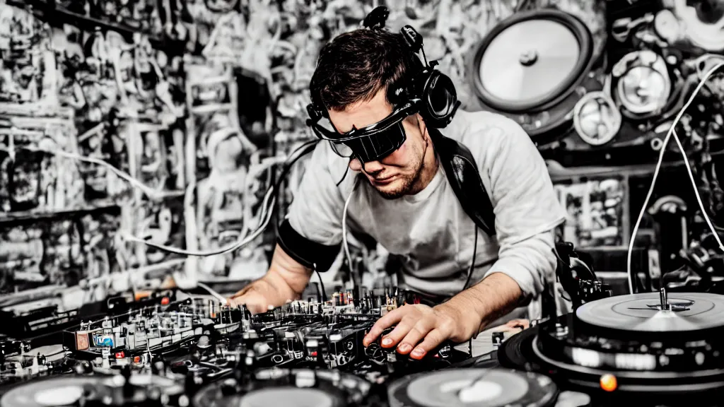 Image similar to a person wearing goggles and visor and headphones using a steampunk record player contraption, wires and tubes, turntablism dj scratching, intricate planetary gears, complex, cinematic, imax, sharp focus