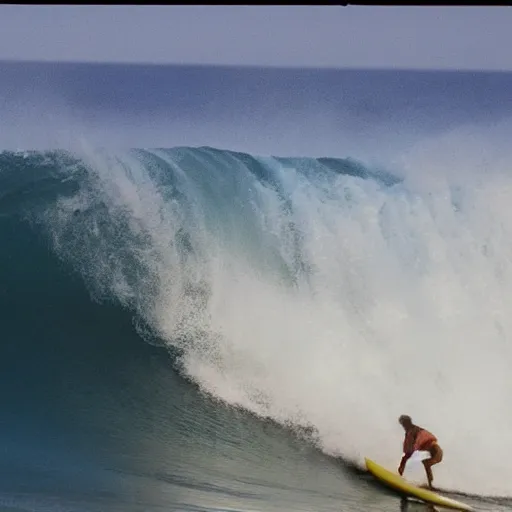 Prompt: grandma surfing a wave at teahupo'o