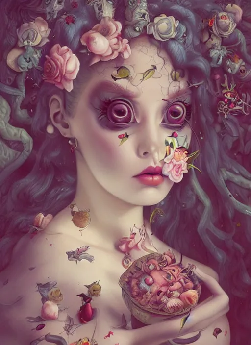 Image similar to pop surrealism, lowbrow art, realistic cute dress fashion painting, japanese street fashion, hyper realism, muted colours, rococo, natalie shau, loreta lux, tom bagshaw, mark ryden, trevor brown style,