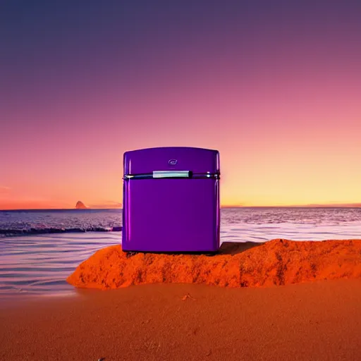 Image similar to purple refrigerator on red beach with nebula sunset