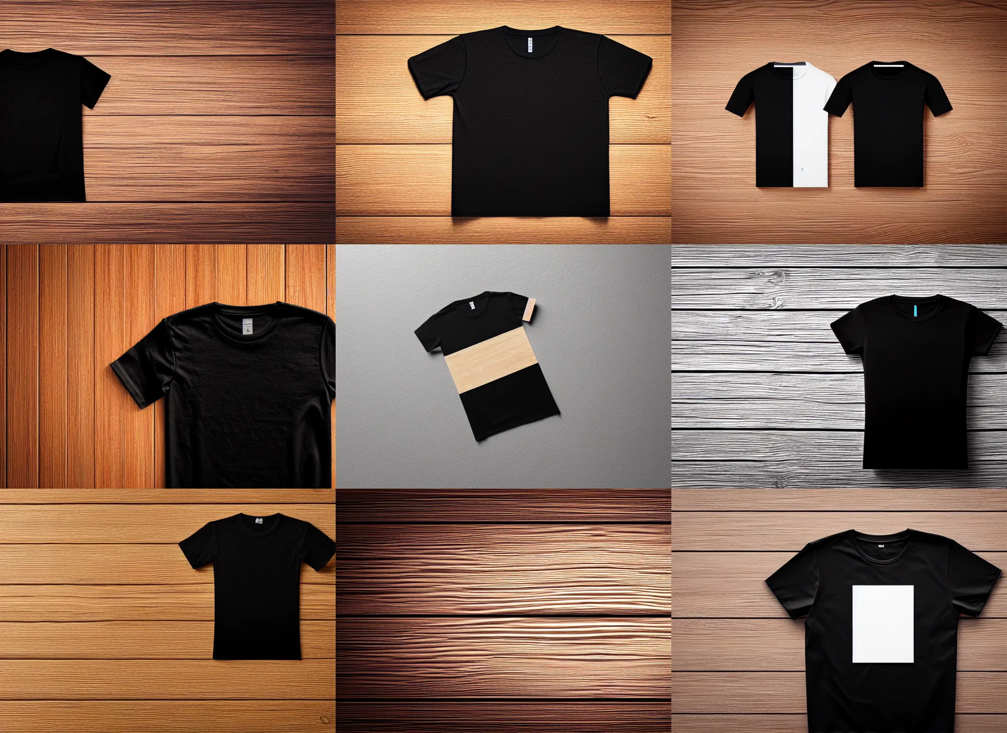 Prompt: clear photorealistic topdown mockup product photograph of a blank black tshirt on a wooden background