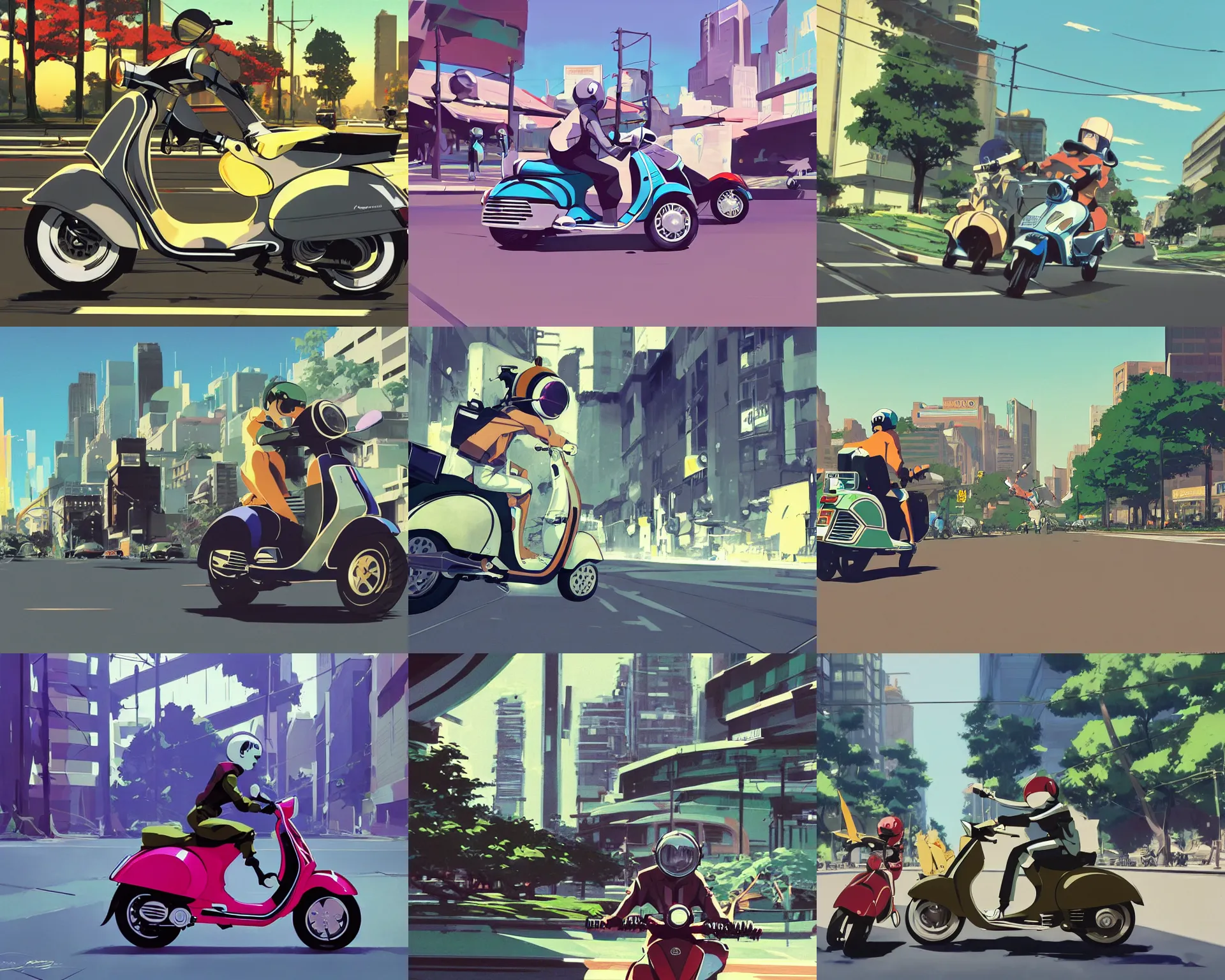 Prompt: vespa action shot racing through the city of trees flcl by makoto shinkai concept art by syd mead