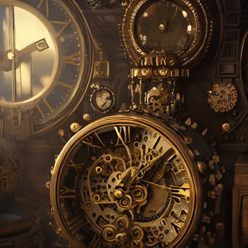 Prompt: Ultra-detailed cinematic render, of a fantasy steampunk time machine, intricate clock gears, octane render, high quality, ornate gems, 8k, by greg rutkowsky, volumetric lighting