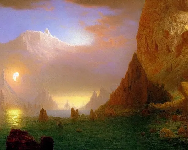 Image similar to Hyperborea landscape painting by Vsevolod Ivanov and Albert Bierstadt!!!