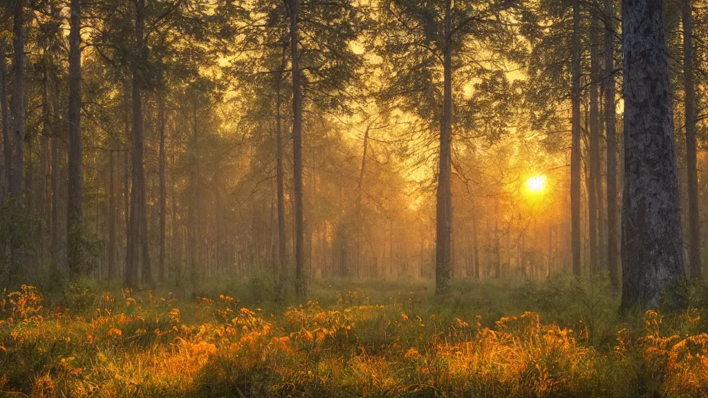 Prompt: forest with park, sunrise, orange glow, by greg rutkowsky and ivan shishkin,