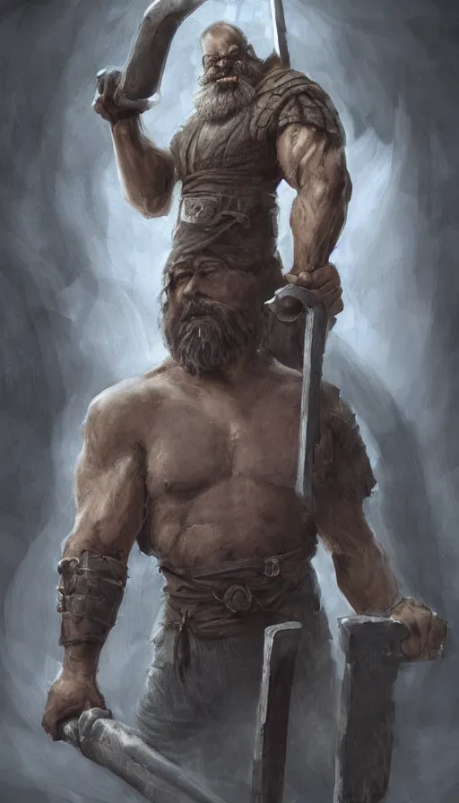 Image similar to the blacksmith, very strong, muscular, big hammer, anvil, beard, fame of thrones, fibonacci,, intricate fashion clothing, insane, intricate, highly detailed, surrealistic, digital painting, artstation, concept art, smooth, sharp focus, illustration, Unreal Engine 5, 8K, art by artgerm and greg rutkowski and alphonse mucha