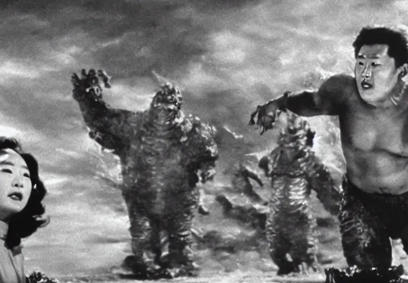 Image similar to a filmstill of pulgasari, kaiju starfish, monster movie, korean film noir, 1 9 5 0 s thriller, kim jong - il, in the style of rashomon and godzilla