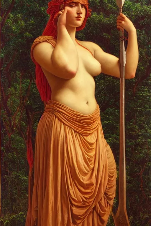 Prompt: beautiful oil painting of a female warrior of the Amazons, clothed, armored, toga, forest, symmetrical face, magical, Greek mythology, Ancient Greece, sunset, by John William Godward and Anna Dittman, masterpiece